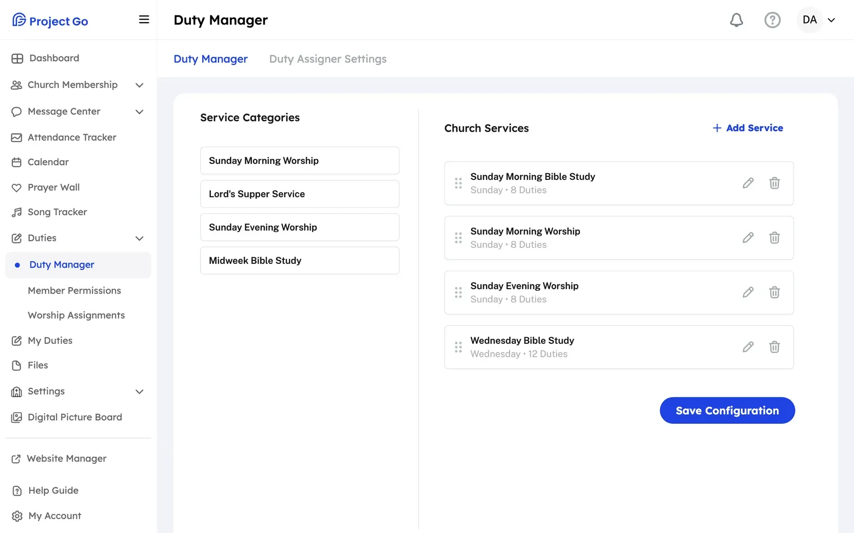 Duty Manager with Service Categories on the left and Church Services on the right.