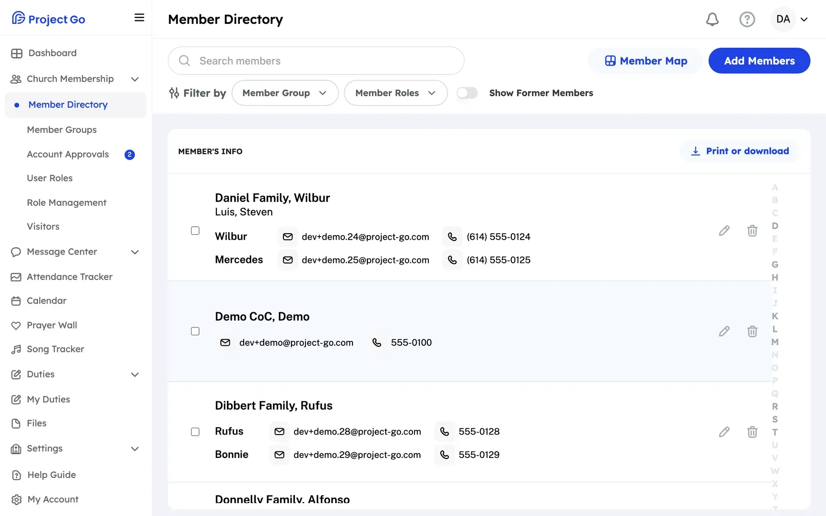 The Member Directory with the search box, the filters, Member Map, Add Members, and a list of families.