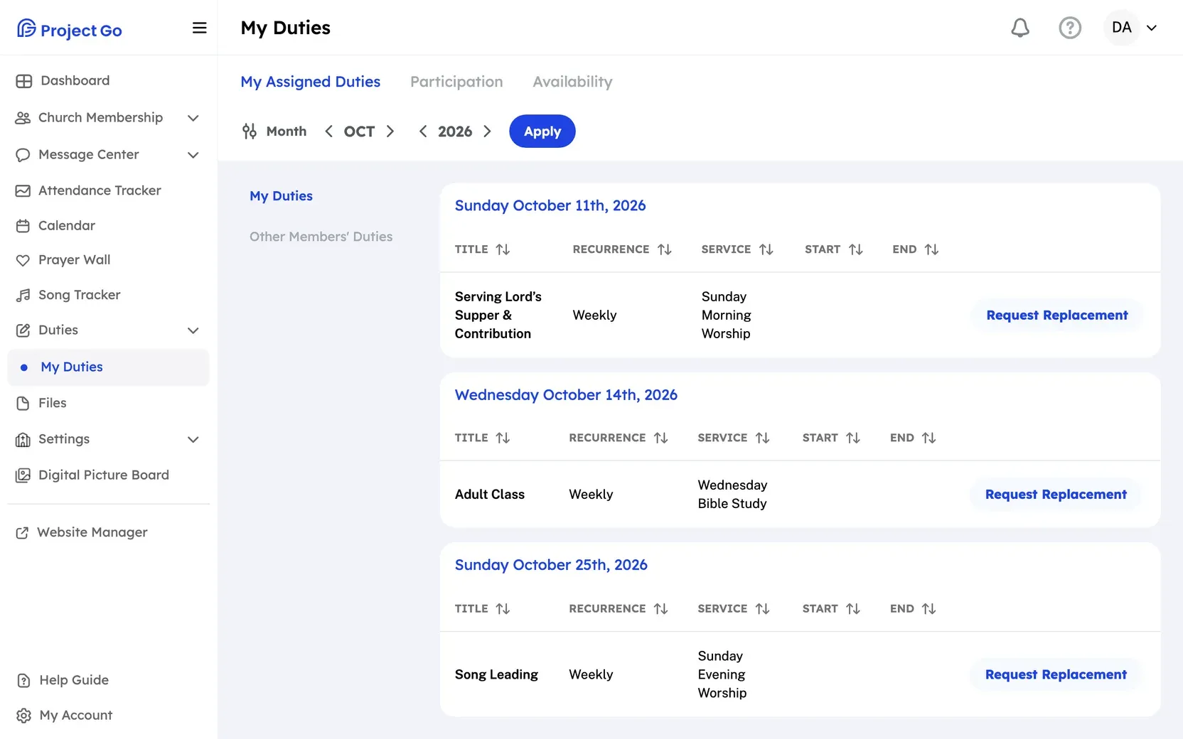 My Duties on the My Assigned Duties tab, with duties grouped by date. Each has a Request Replacement button.